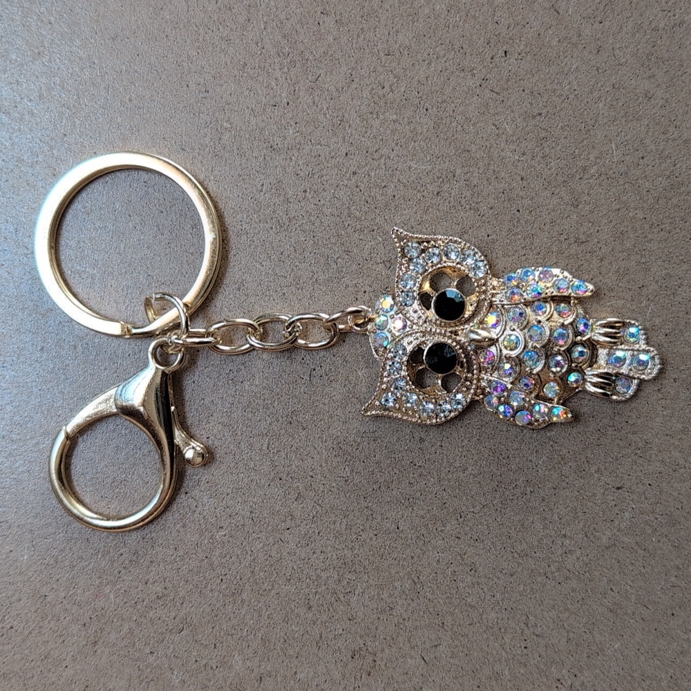 Gold Owl with Rhinestones Keychain Bag Charm